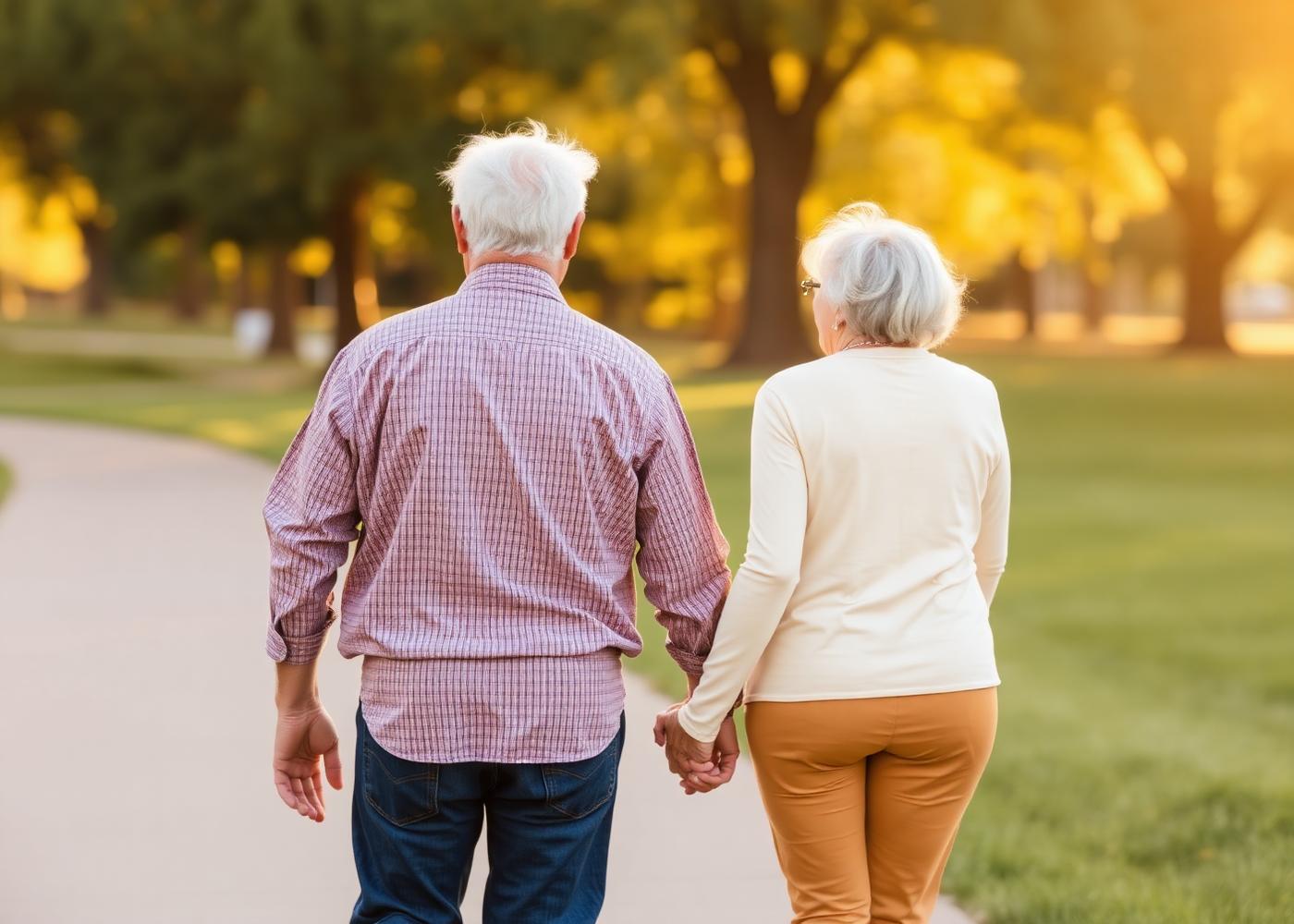 A senior couple walking together in warm afternoon light